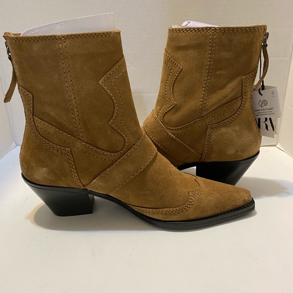 Zara Buckled Cowboy Suede Booties zipper Sz 7.5 - Picture 5 of 13